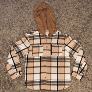 Cat & Jack Plaid Hooded Kids Button-Down Shirt in Tan and Black